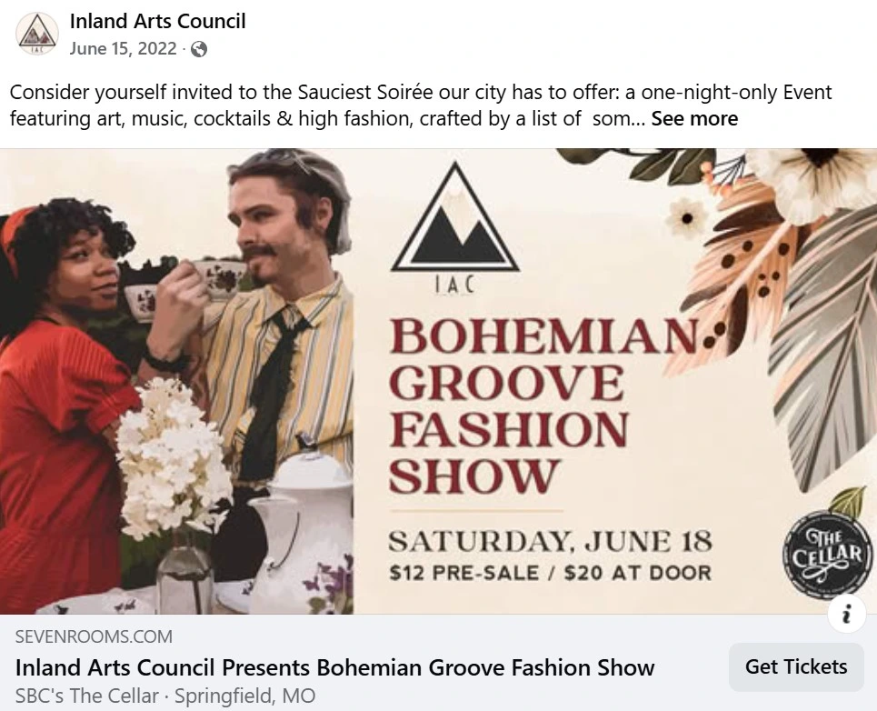 A screenshot of the Facebook event for the Fashion Show, featuring two models having a tea party in a field.