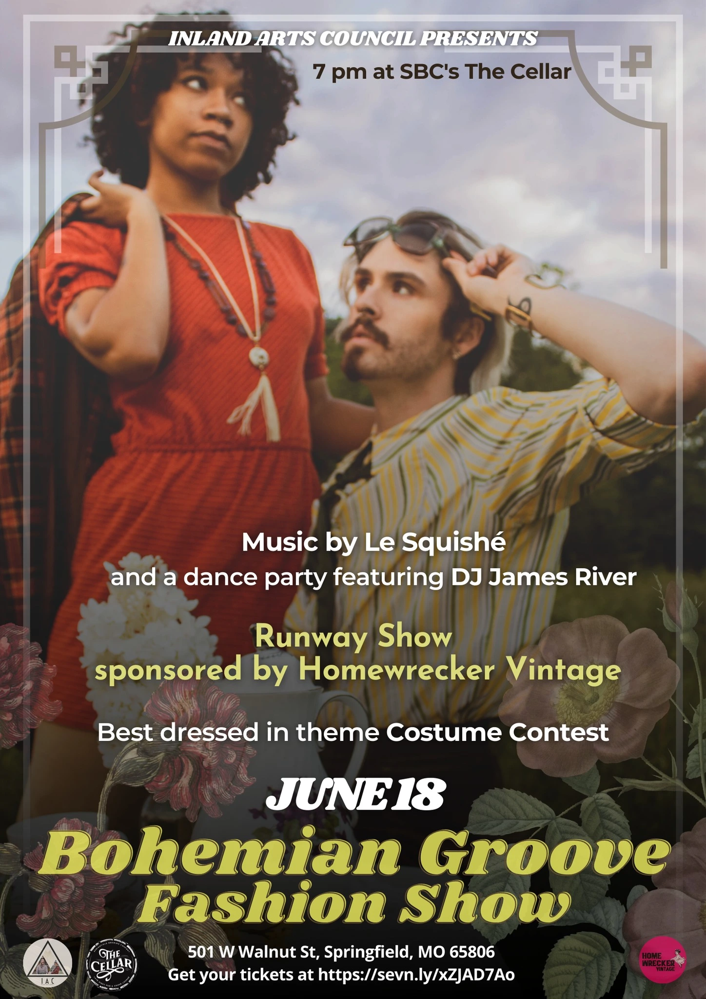 Online event poster for the Bohemian Groove Fashion Show, describing a runway show with live music, a dance party, and a costume contest. Includes link to get tickets.