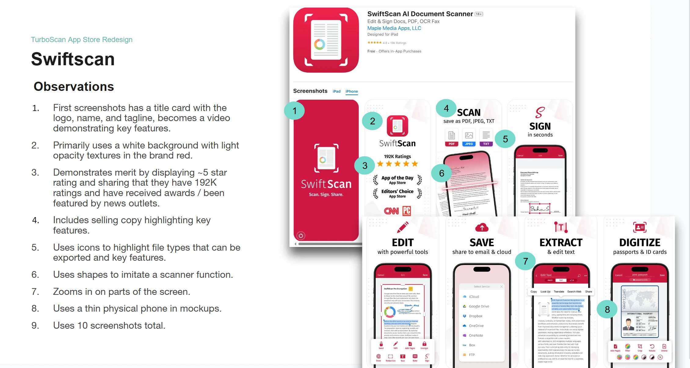 A page from the competitive audit showing observations made when analyzing competitor Swiftscan.