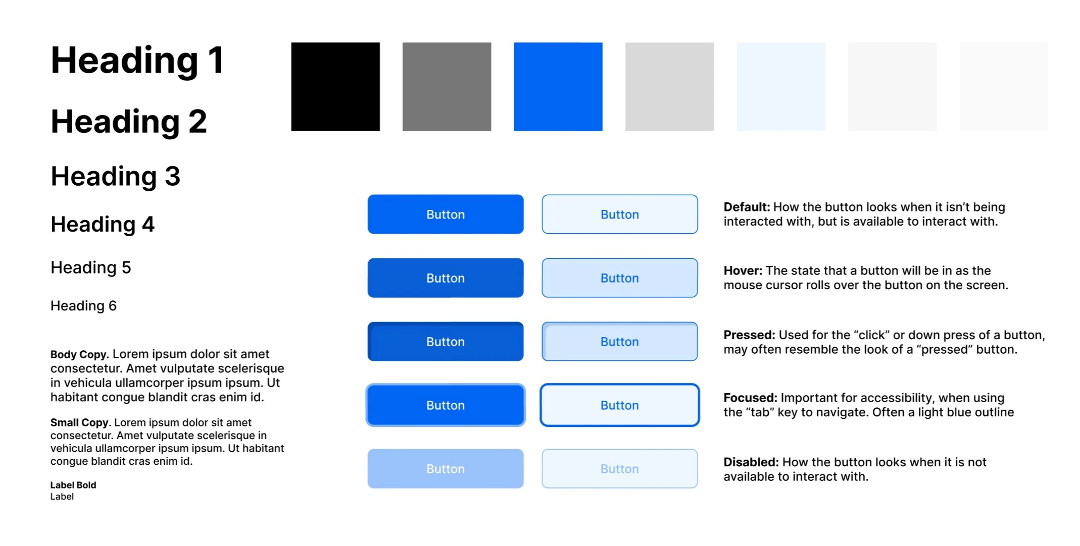 Style guide showing typography, color, and button states.