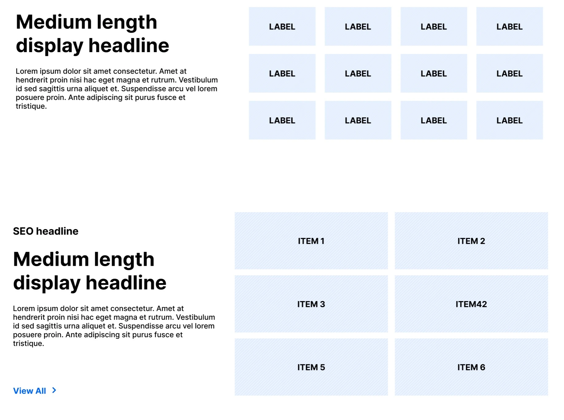 Medium fidelity wireframe containing custom responsive grid components.