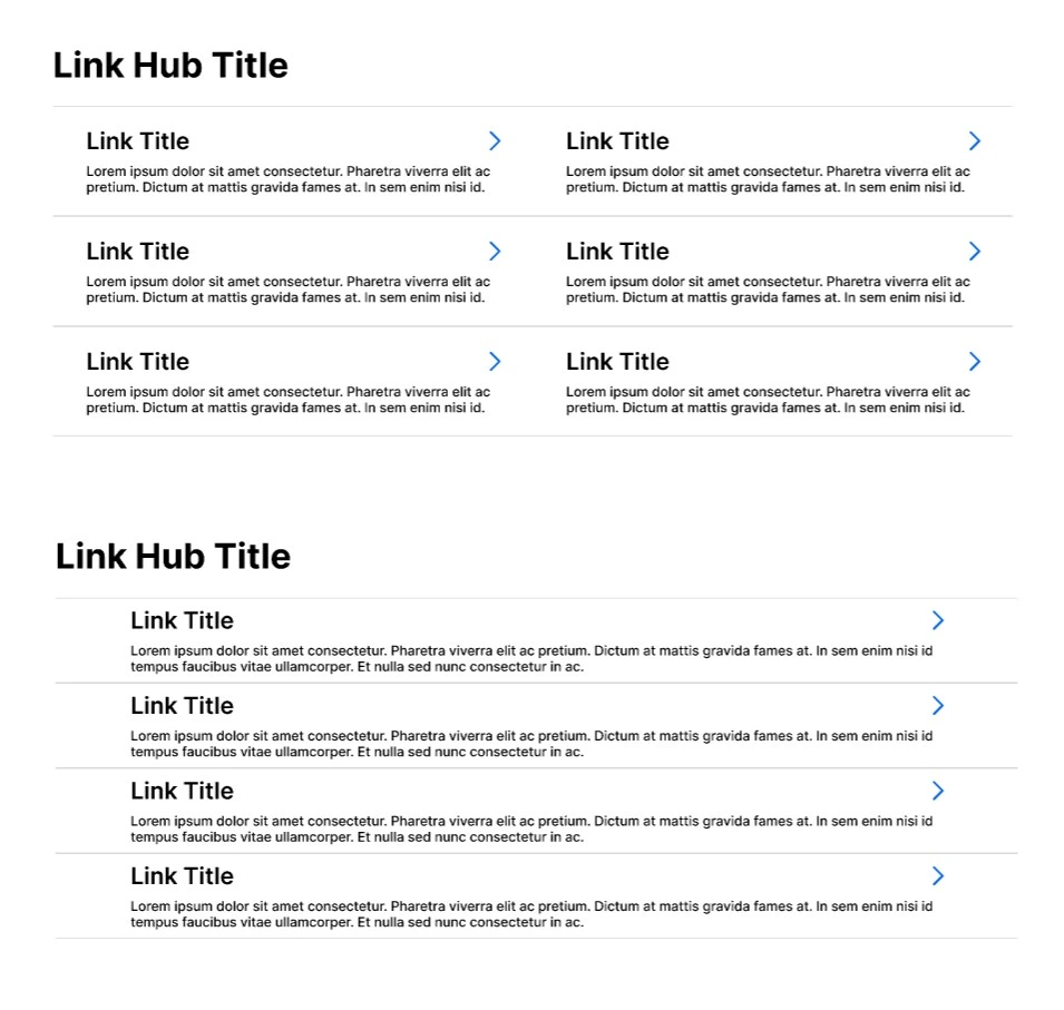 Medium fidelity wireframe containing custom responsive link hub components.