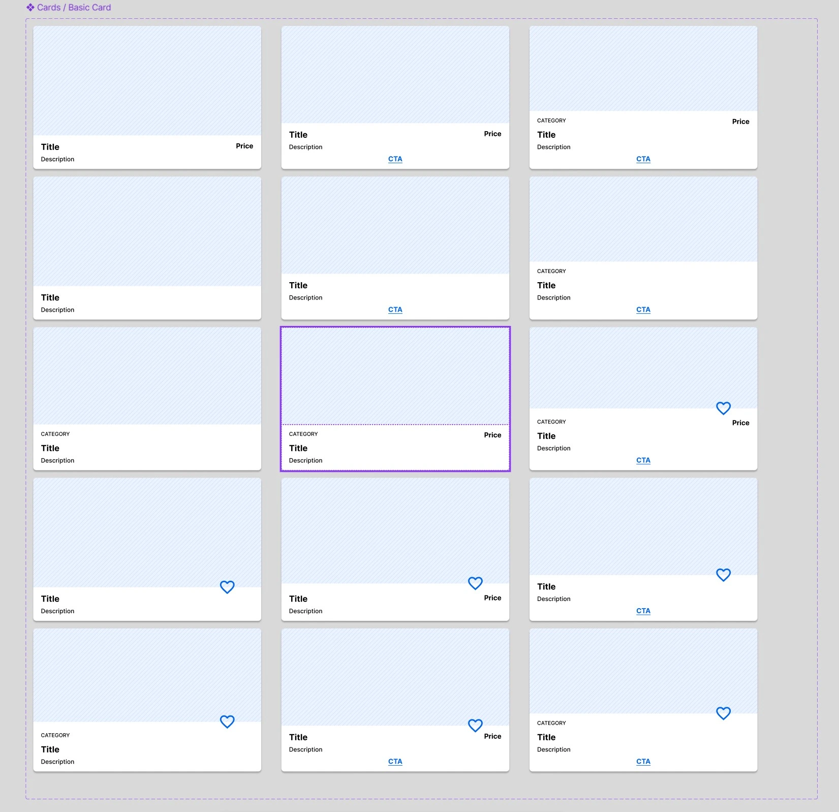 Figma basic card component variants side by side.