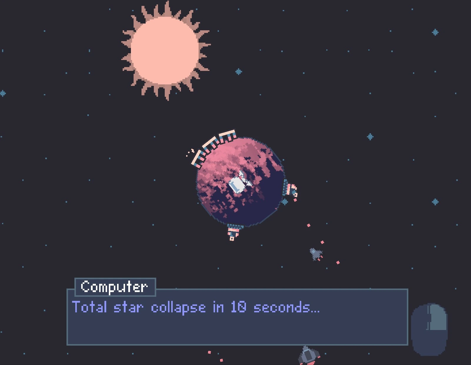 Gameplay, with a story dialogue box appearing that says "Total star collapse in 10 seconds..."