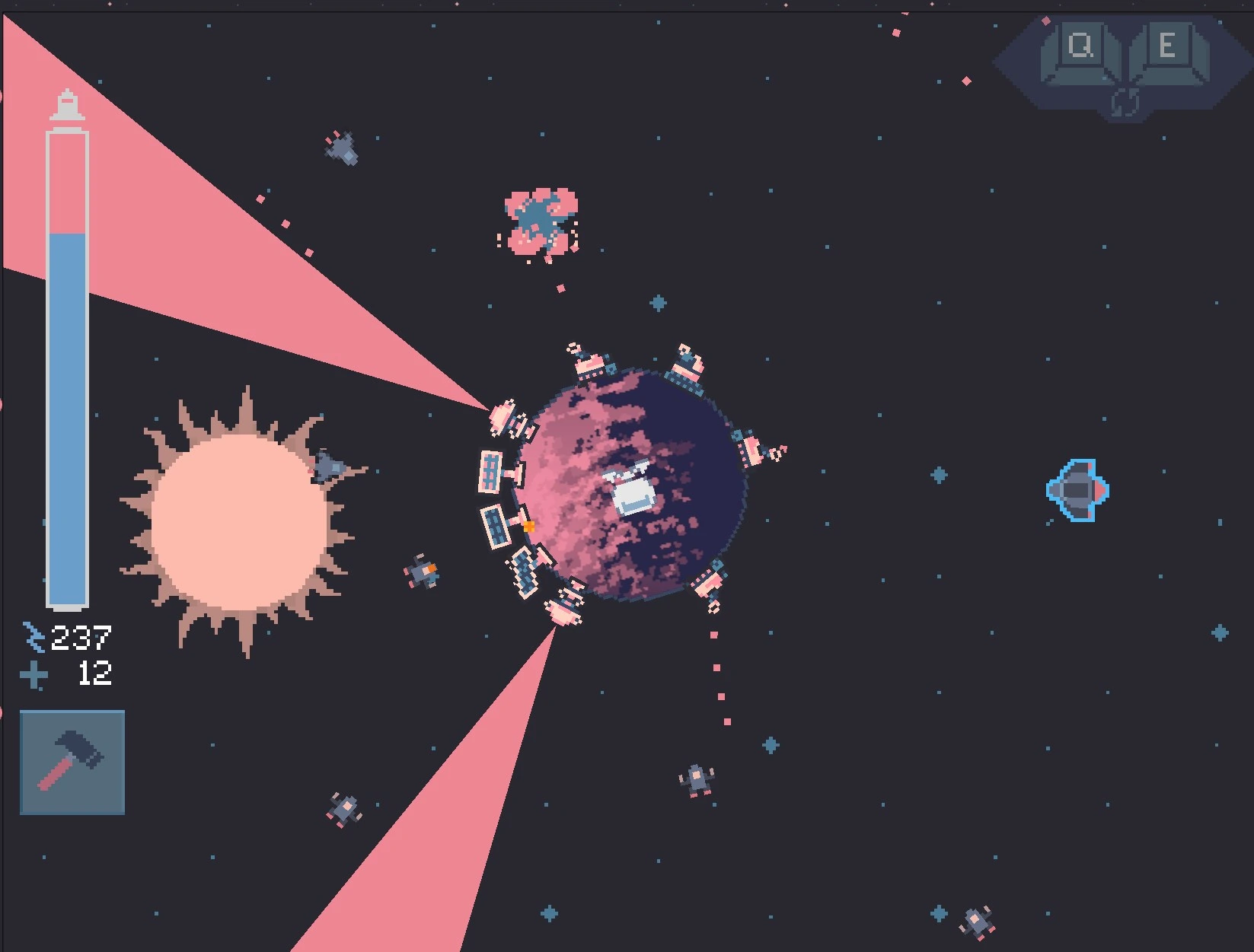 Later gameplay, with upgraded solar panels, turrets, and powerful lasers.