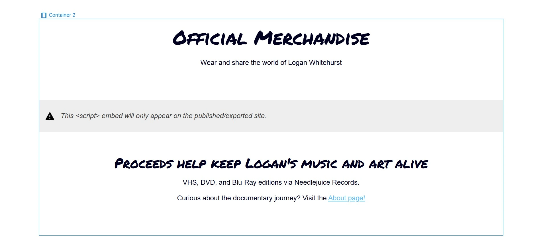 Back end view of the embed block for Your Friend Logan's merchandise.