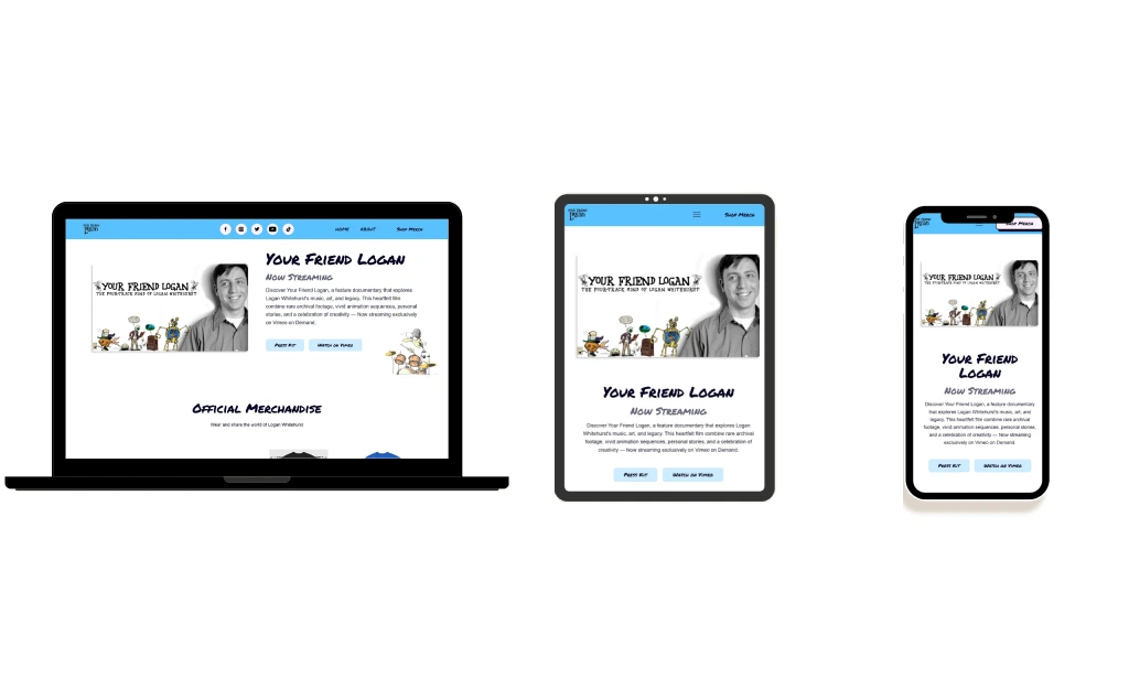 Your Friend Logan responsive homepage displayed on desktop, tablet, and mobile.