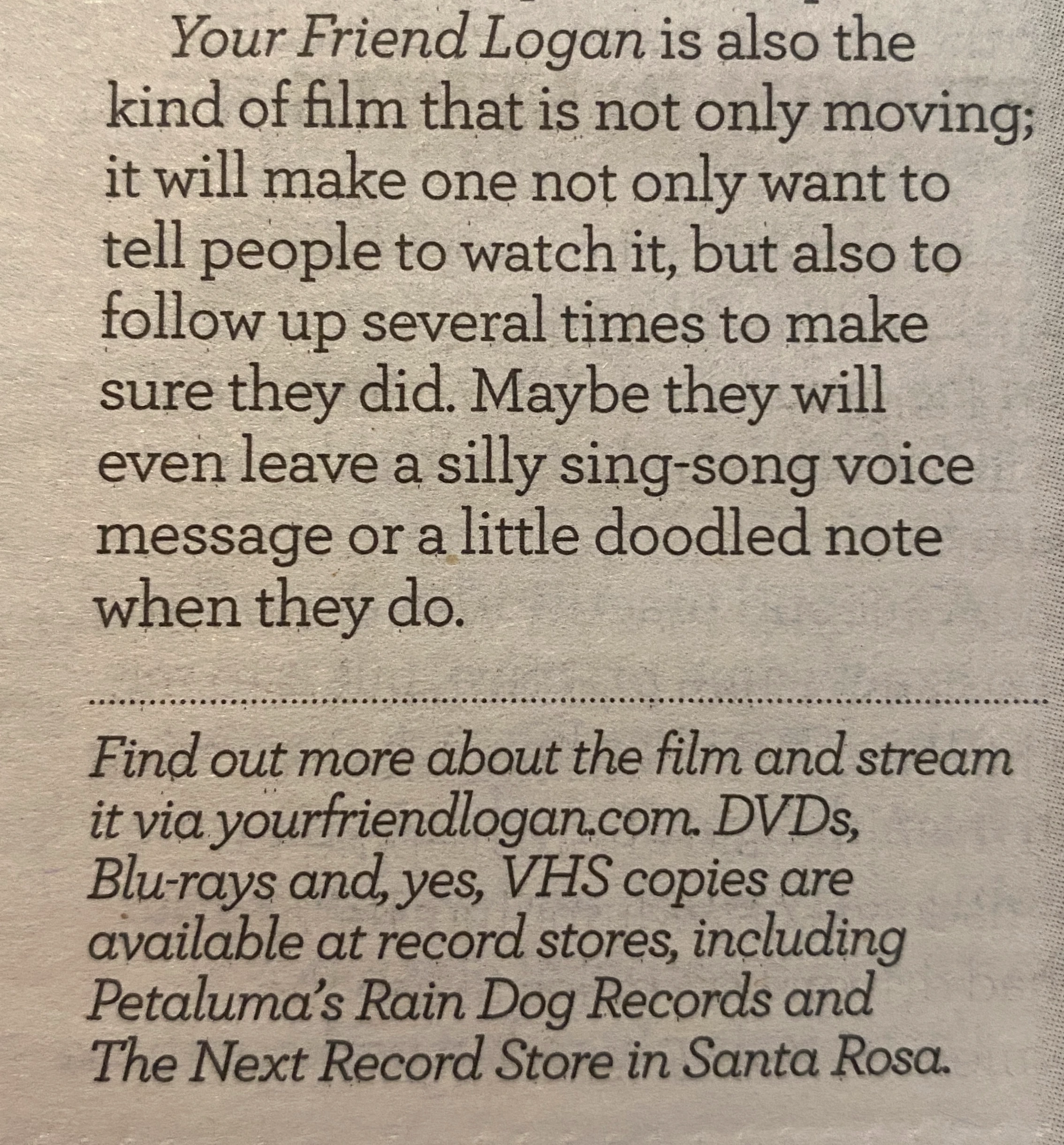 Your Friend Logan website mentioned in the Bohemian.