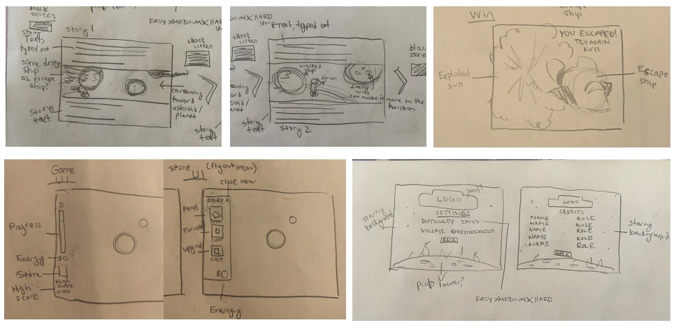 Storyboarding and UI sketches for Dying Revolution.
