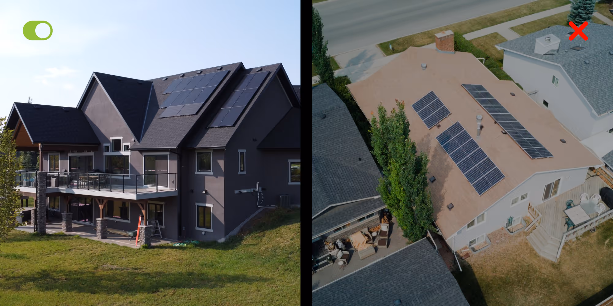 a roof solar system with black panels and a roof solar system blue panels