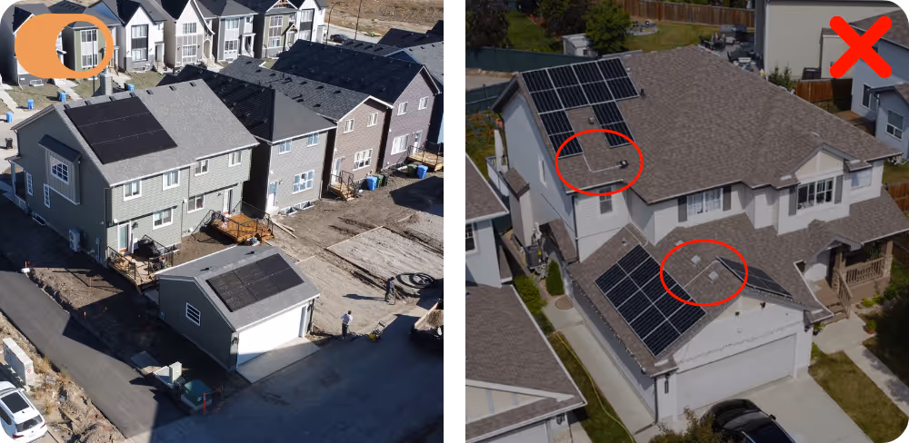 side by side comparison of solar panels with attic-run conduit and with conduit on the roof