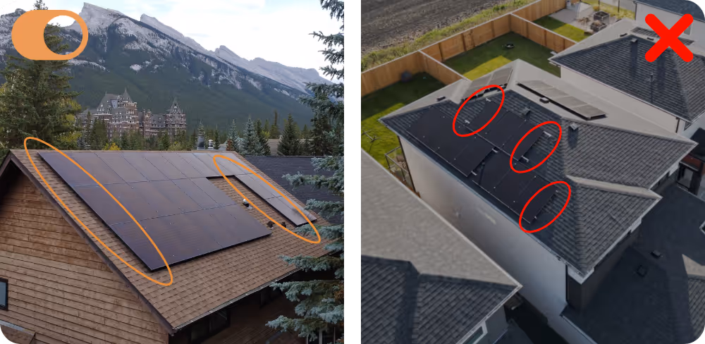 side by side comparison of solar panels with hidden clamps vs with rails sticking out of the side of the solar system