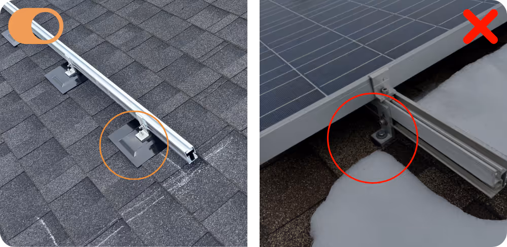 side by side comparison of solar panels FastRack mounting system from Charge Solar with double mechanical seal vs a solar panel bolted onto the roof
