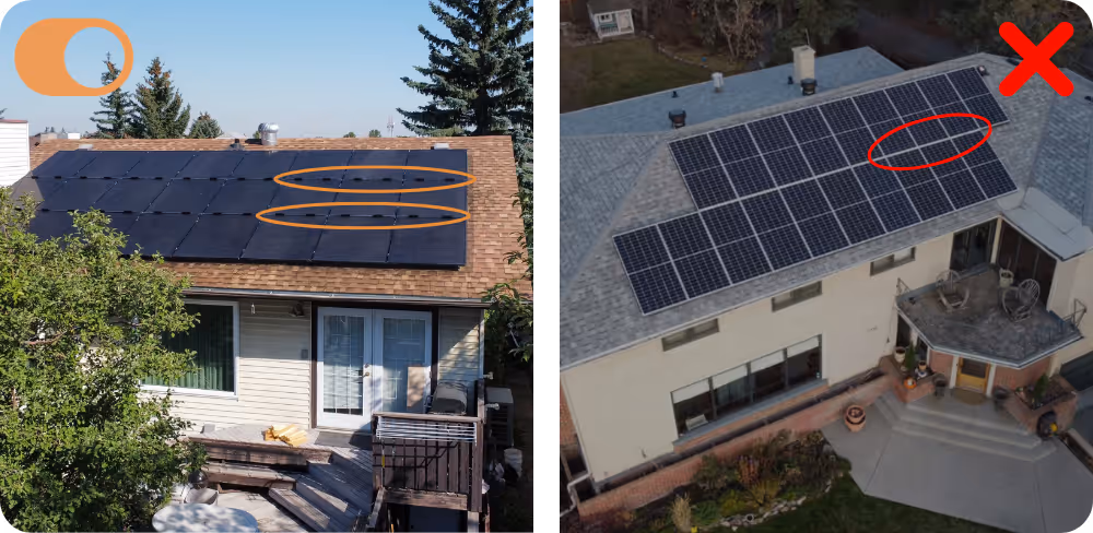 side by side comparison of solar panels with snow guards to protect your home from snow avalanches in spring vs solar panels without snow guards and a living space under the roof