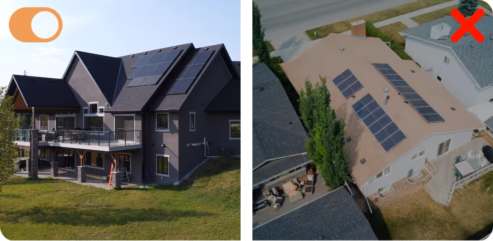 side by side comparison of solar panels with a clean installation finish compared to old blue solar panels
