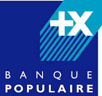 Banque Populaire logo with white plus sign and X over blue and turquoise background.