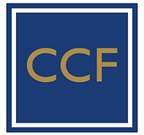Logo with gold letters CCF inside a blue square bordered by white and blue lines.