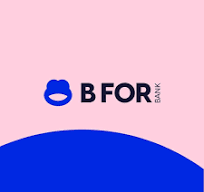 Blue abstract icon resembling a stylized bear face next to the text 'B FOR BANK' on a pink and blue curved background.