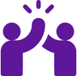 Two purple human figures giving a high five with excitement lines above their hands.