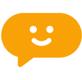 Orange speech bubble with a smiling face inside.