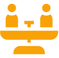 Orange icon of two people sitting across from each other at a table.