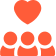 Three orange human figures below an orange heart symbolizing community and care.