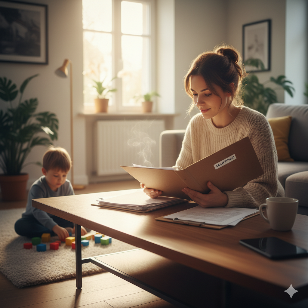 Woman reading a folder labeled 'COURTIMEO' at a wooden table while a child plays with colorful blocks on a rug in a cozy living room.