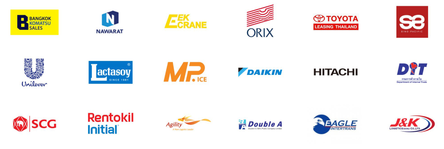 โลโก้ธุรกิจที่เป็นลูกค้า CARTRACK จาก 23 ประเทศทั่วโลก อาทิ Man Trucks & Bus, Revlon, Michelin Tyres, Asia Brewery, Hertz car rental, Avis car rental, AngloAmerican mining, LG, Heineken และ Lafarge