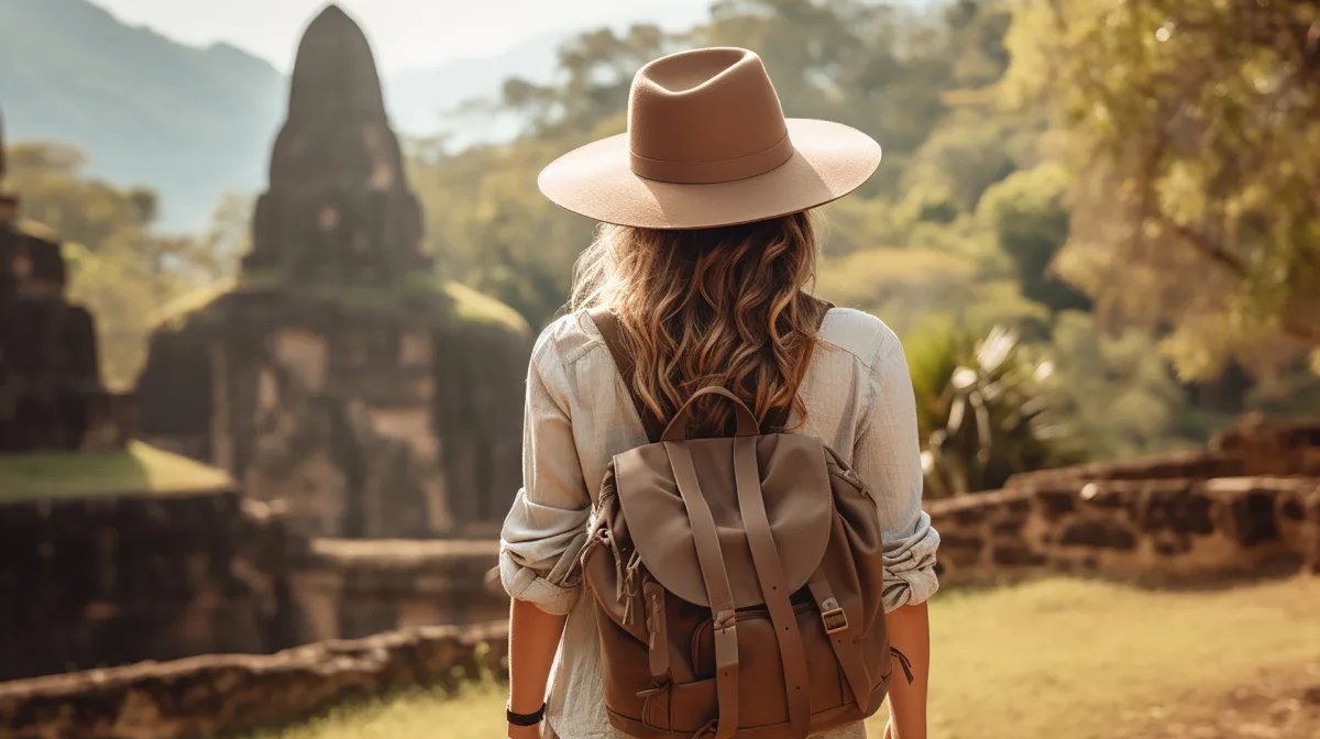 femme avec chapeau et sac à dos en voyage à Bali