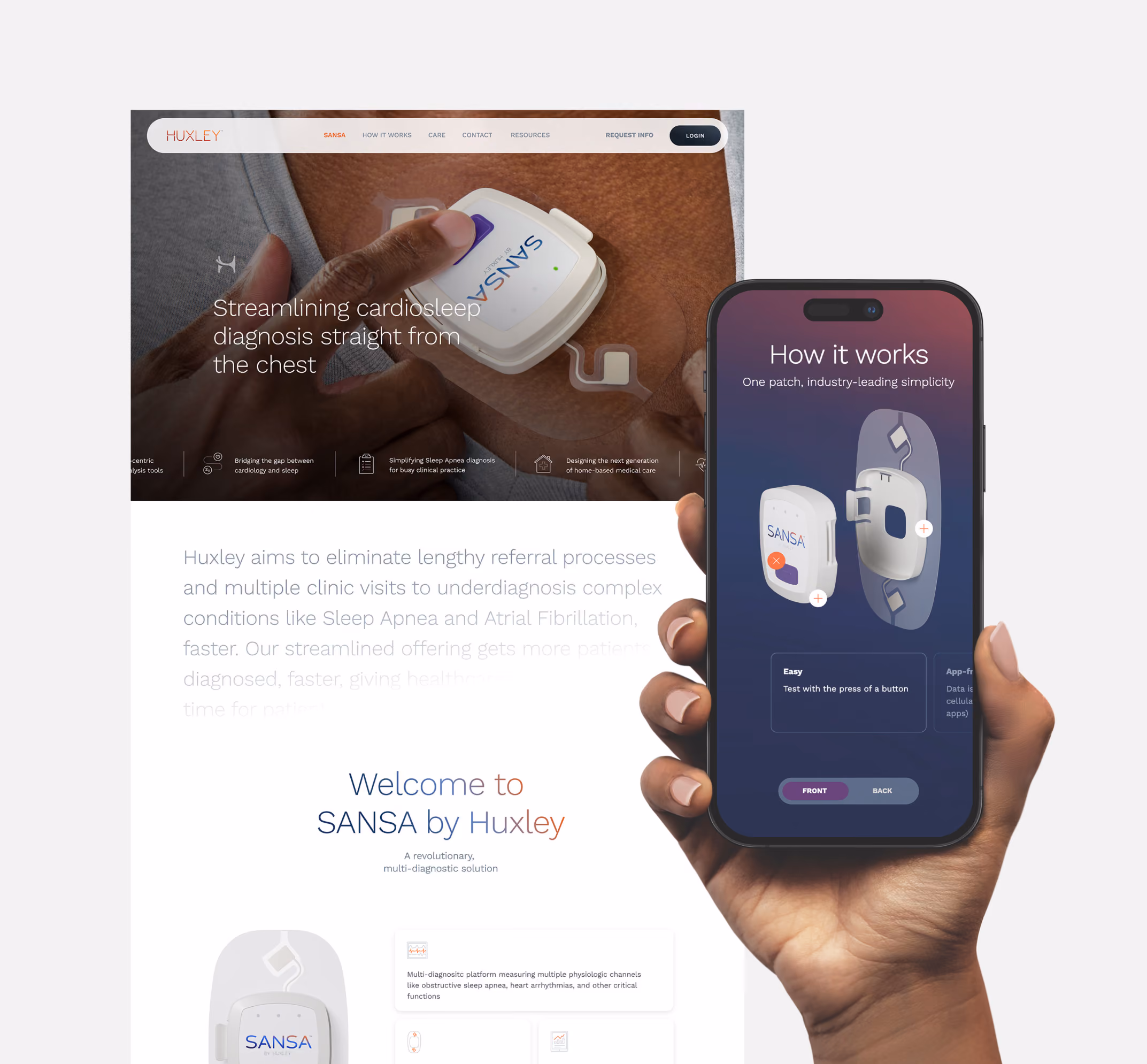 Huxley website shown on desktop and a hand-held phone, featuring the SANSA patch
