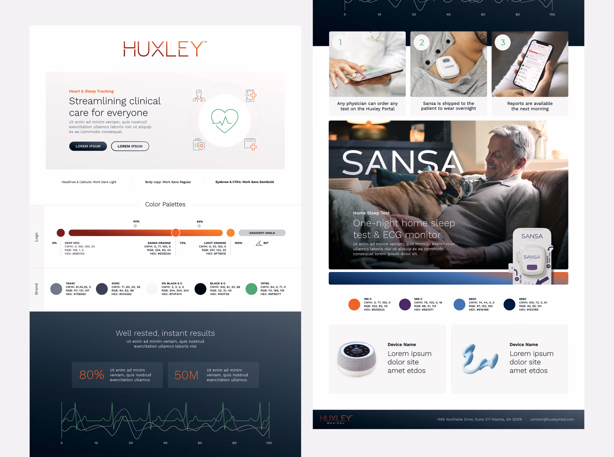 Huxley and SANSA brand style boards showing typography, color palettes, and sample web layouts