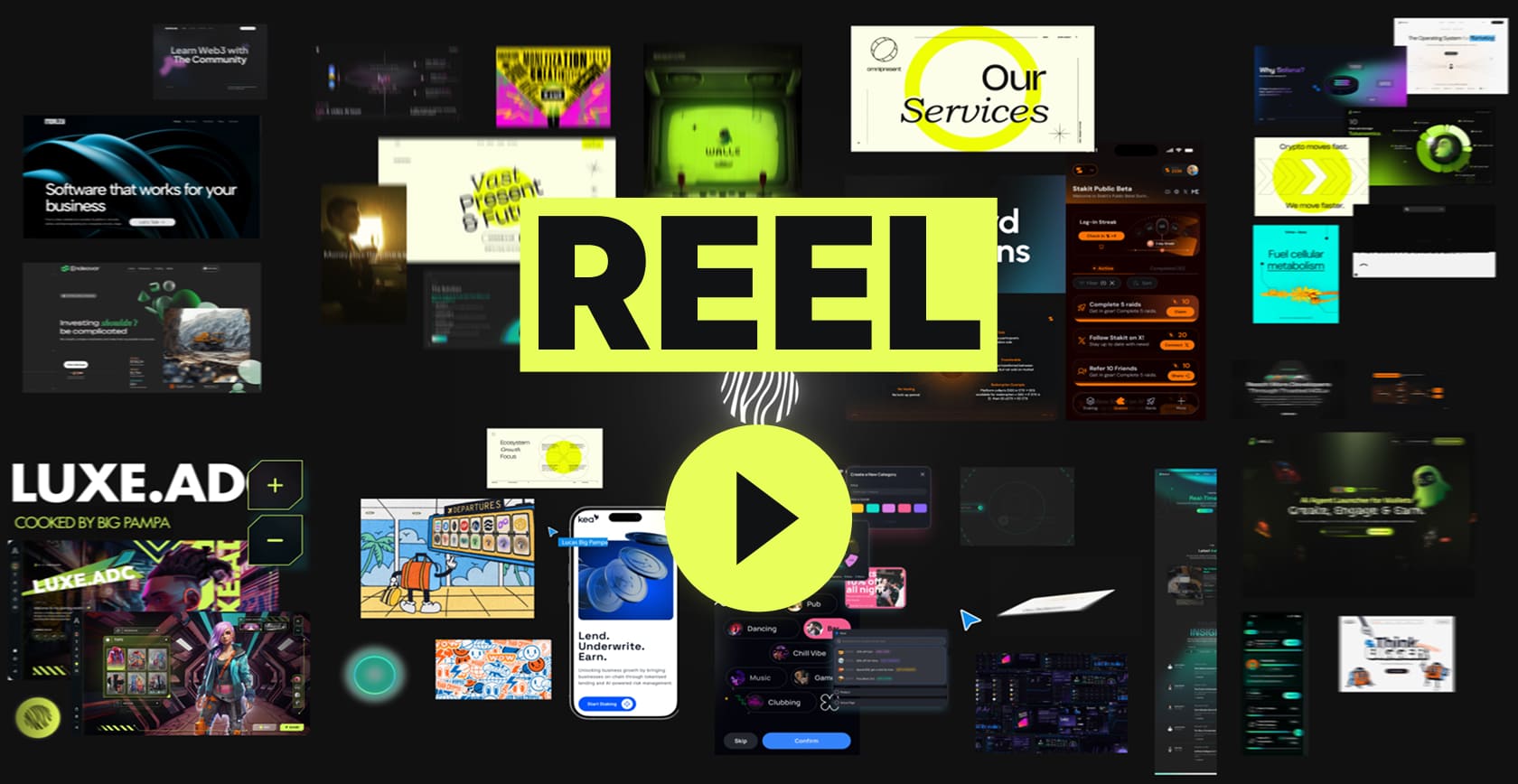 Screenshot of video reel with the text "REEL" on top of it and a play icon