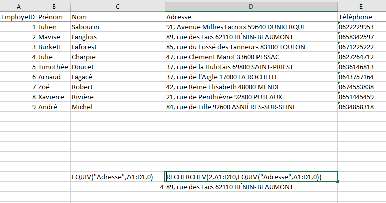 Exemple d'utilisation de la fonction  Equiv sur Excel