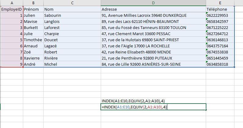 Exemple d'utilisation des fonctions de recherche Equiv & Index sur Excel