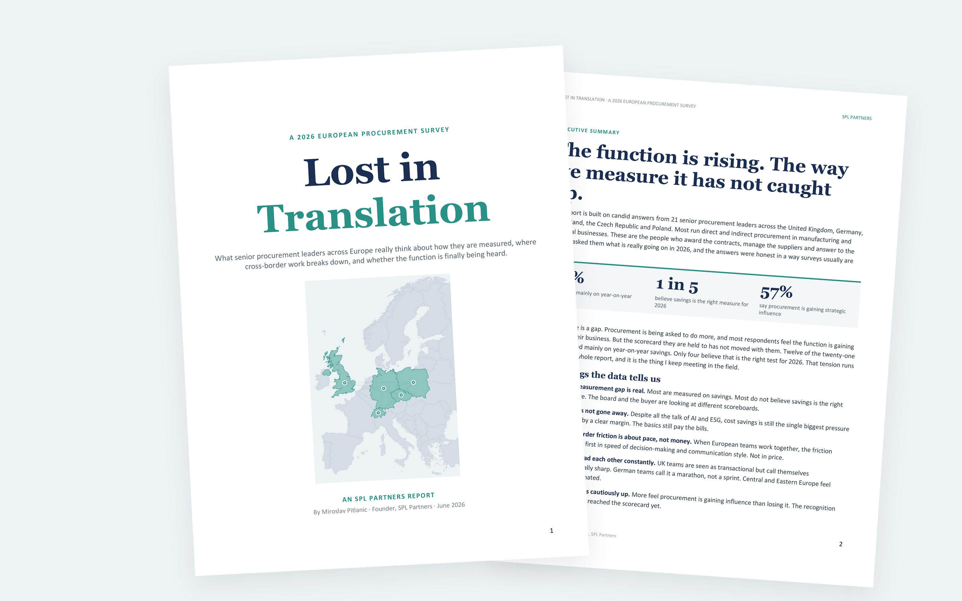 Cover and executive summary of Lost in Translation, a 2026 European procurement survey by SPL Partners