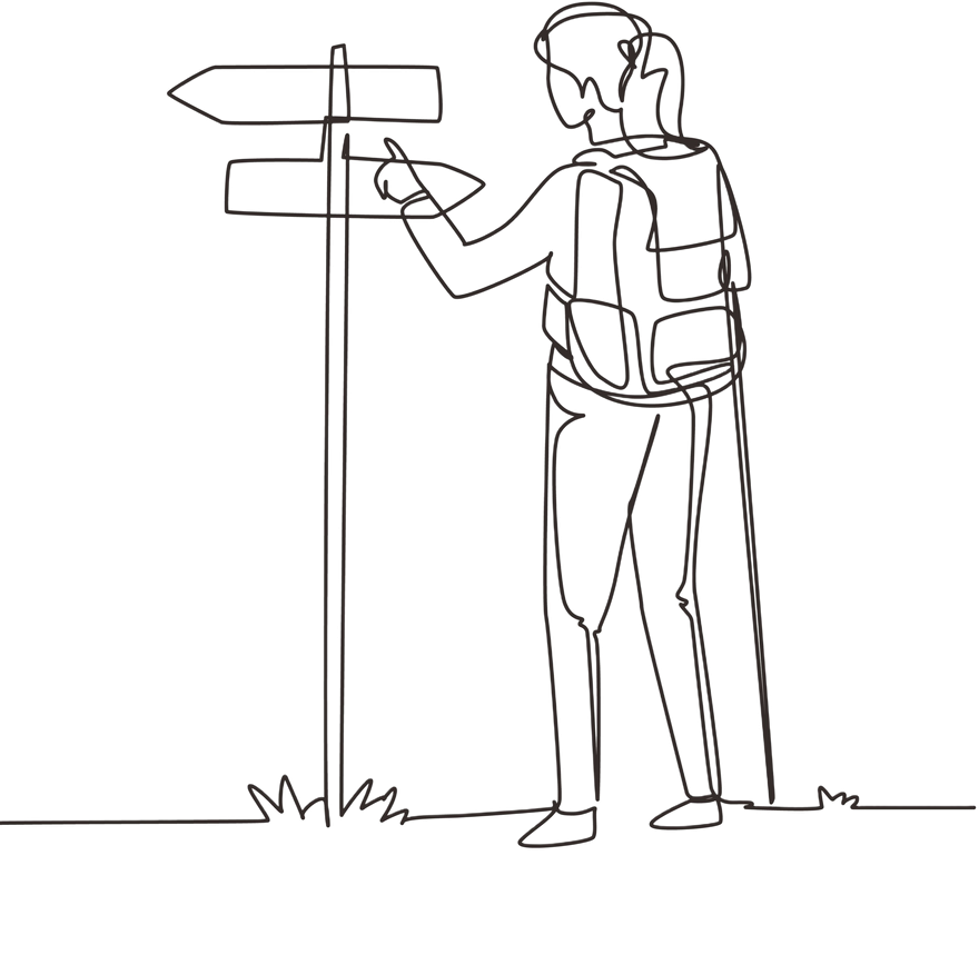 Line drawing of a walker at a fingerpost signpost, choosing which way to go.