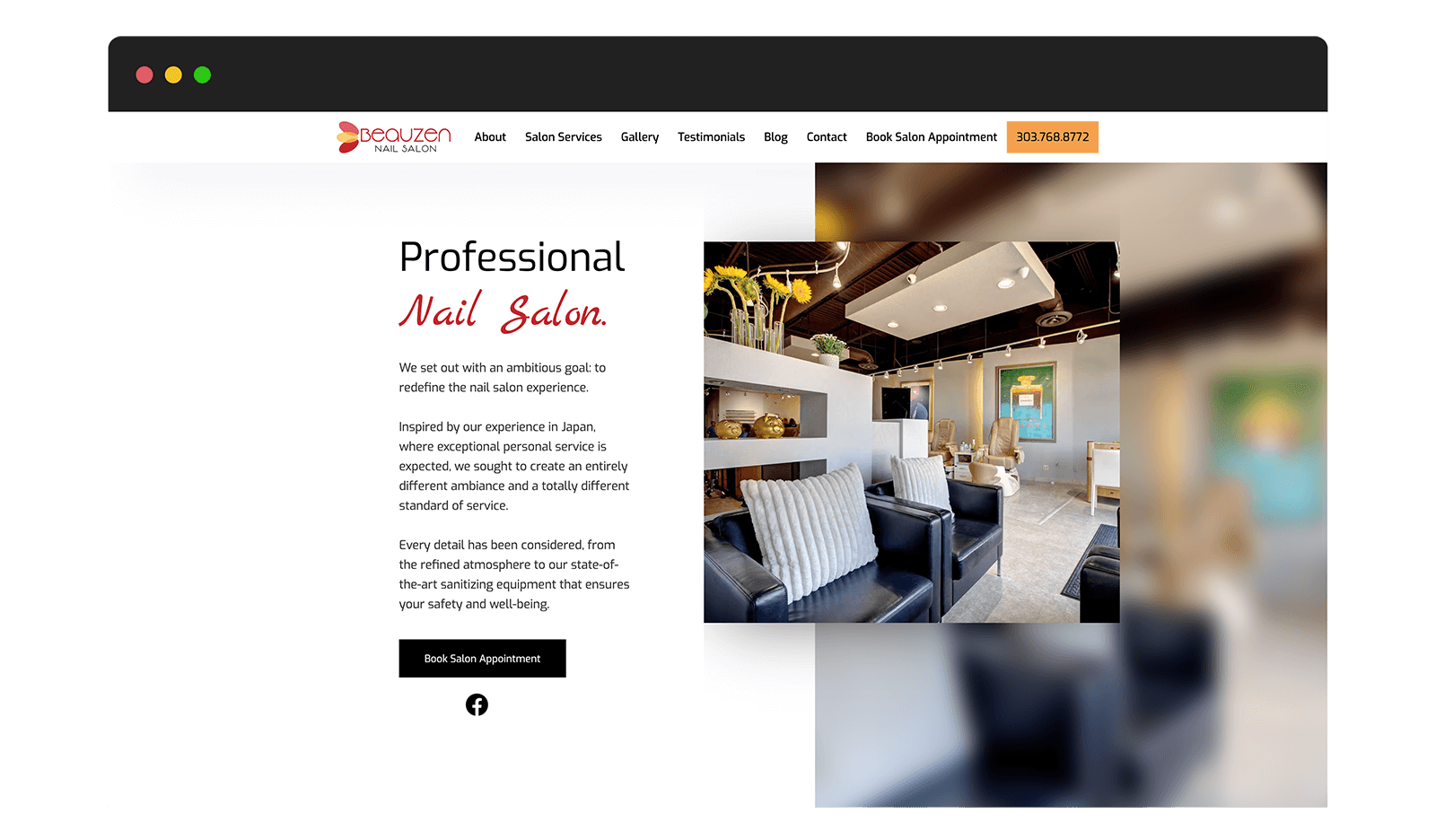 Beauzenn Nail Salon Website Design By Plumb Development - Modern nail salon interior with comfortable chairs and elegant decor