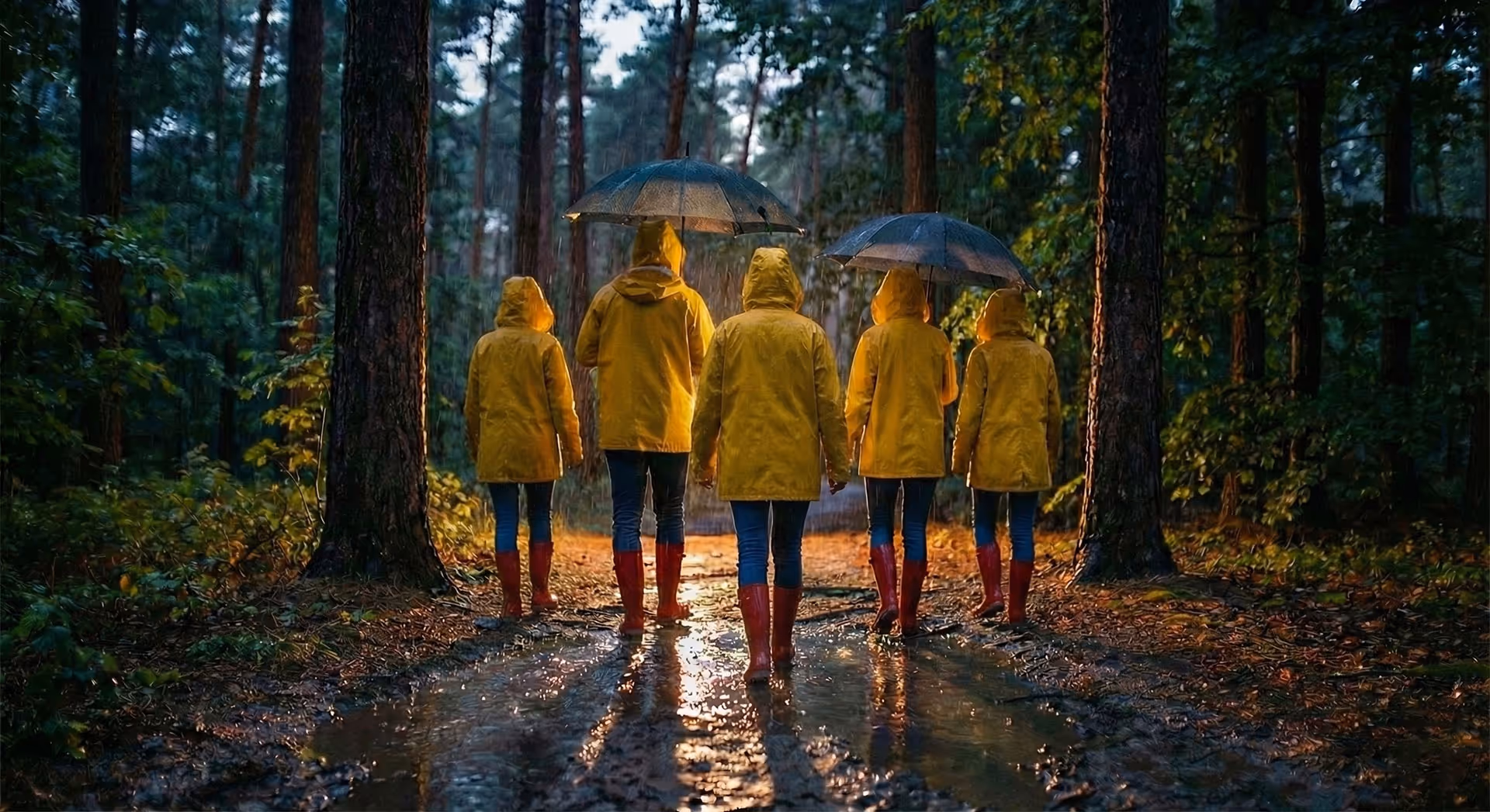Five people wearing yellow raincoats and red boots walking on a wet forest path in rain, two holding black umbrellas.