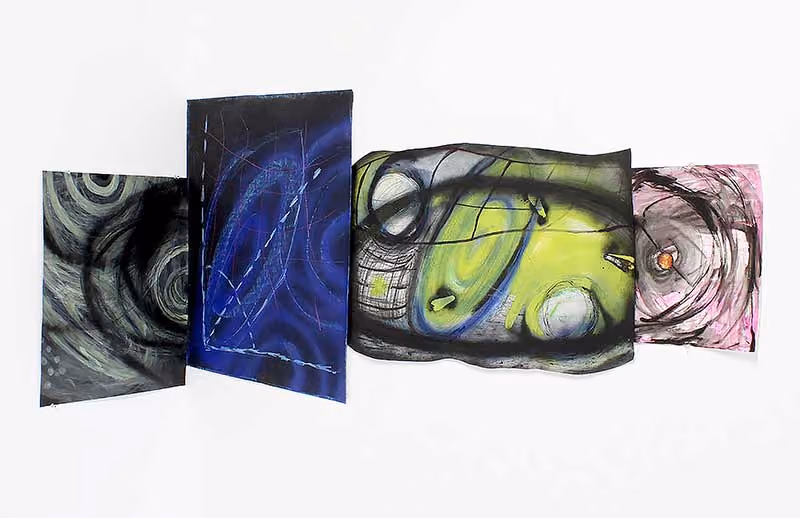 “Seismic Unrest 2” 2021, 42’x19’, gouache, spray paint, charcoal, marker, color pencil, glitter, pastel on mulberry paper