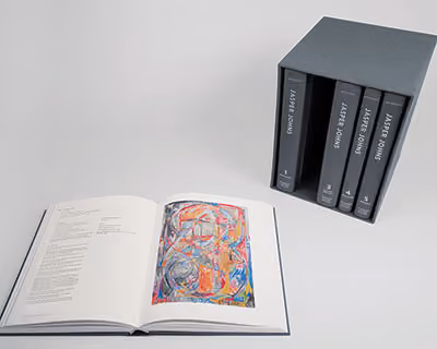 A book from the Jasper Johns catalogue laying open next to a dark gray box with the remaining books from the collection.