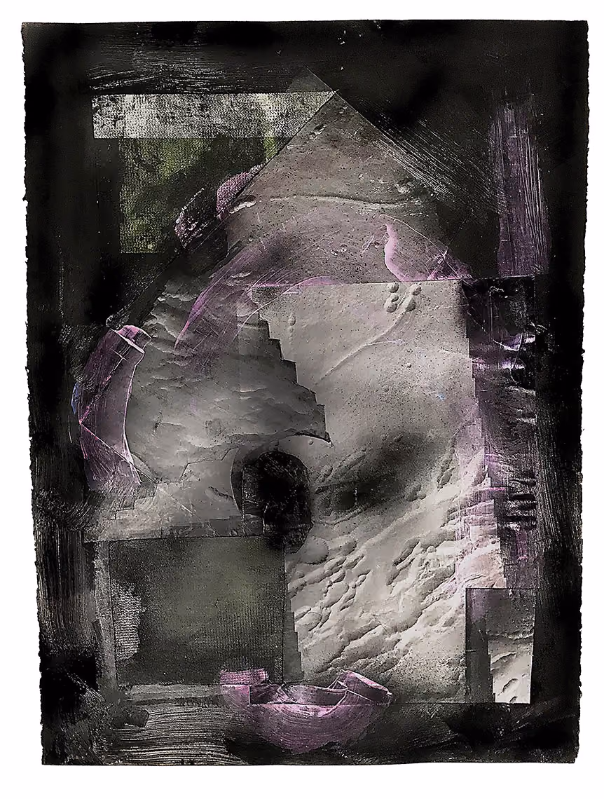 Satellite Abstraction 3, 2019 • digital inkjet prints, acrylic, rubber vinyl mono print on black stonehenge • 24’x32’