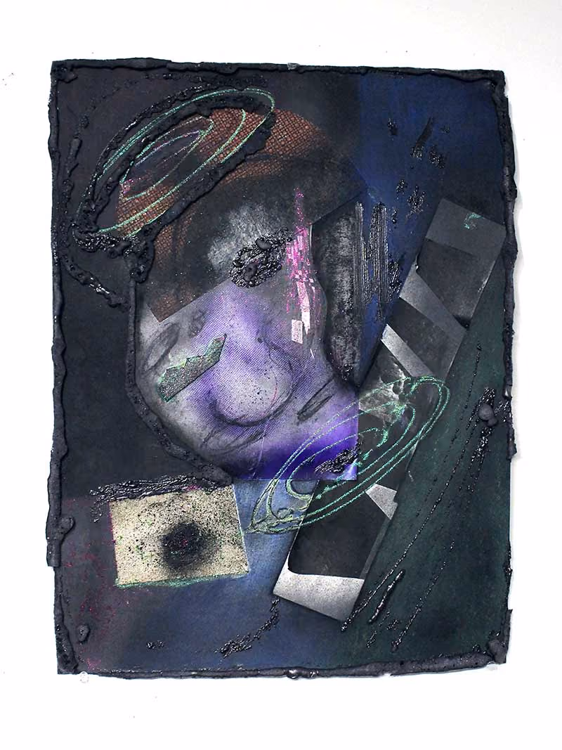 “Black Spectrum 1” 2020, 16’x20’ spray paint, color pencil, charcoal, black foam, glitter, mono print, reflective silica paper on museum board