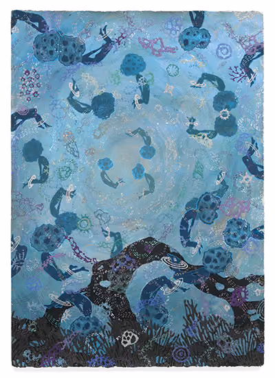 The Ocean Beneath the Ocean with Water made of Diamonds, 2021 Acrylic, gouache, alone shell, and glitter on archival paper • 29.5 x 42 inches
