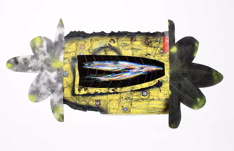 “Seismic Unrest 1” 2021, 32’x22’, charcoal, spray paint, reflective tape, stickers, ink, glitter, color pencil, marker, scanograph, mulberry paper, yellow cardstock