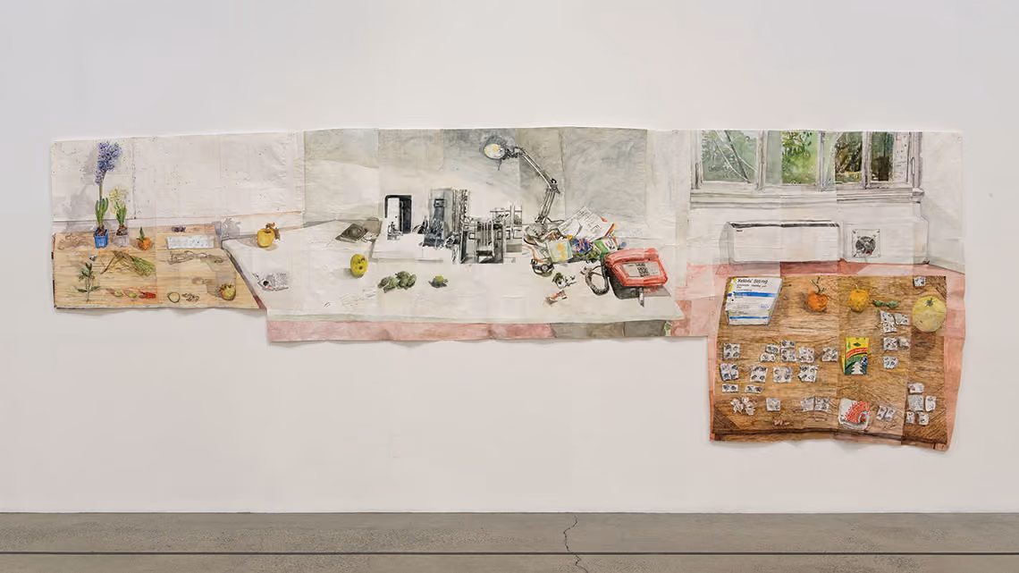 Three Tables In Rome, 2017 Watercolor on paper 85 x 248.5 inches
