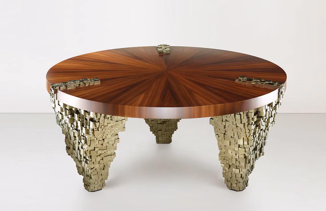 Mahogany brown table top with chunky golden legs.