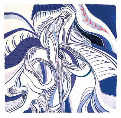 Glyph 59, 2021 • Ink, flashe, and thread, on cotton rag paper • 16 x 16 inches