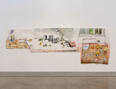 Three Tables In Rome, 2017 Watercolor on paper 85 x 248.5 inches
