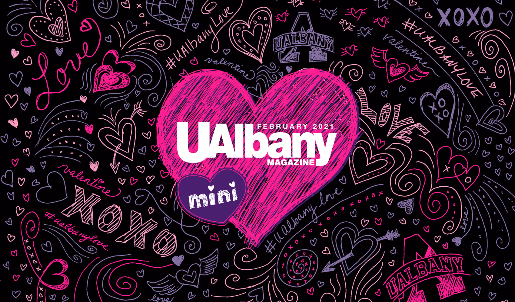 Doodles surround a heart with the UAlbany Magazine Mini logo.