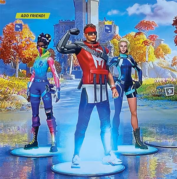 Three animated avatars standing on glowing blue circles in front of a stone fortress.